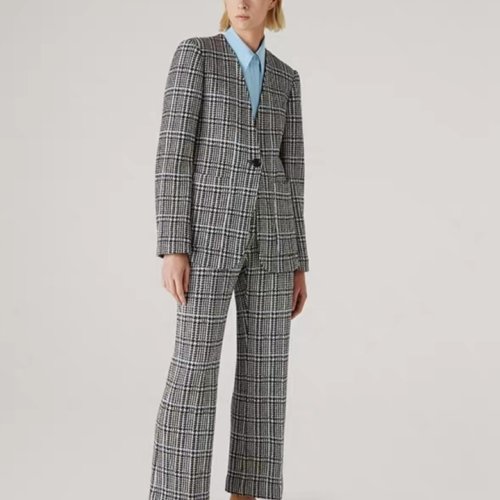 St.John/盛薔黑白格子呢寬松西裝女士夾克外套K6111C1