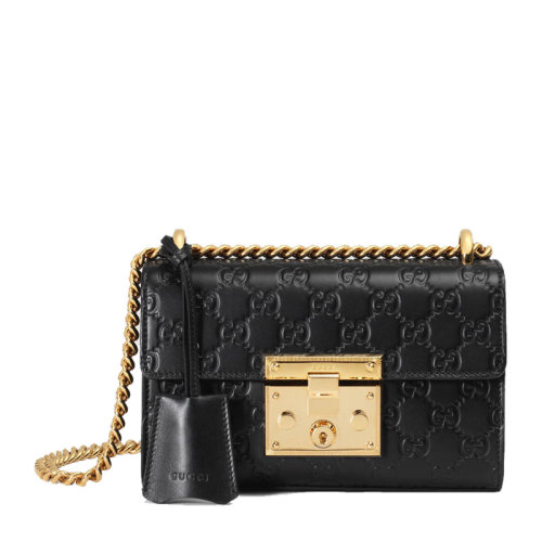 GUCCI/古馳 女士黑色小牛皮雙G壓紋鏈條鎖扣斜挎單肩包（99新未使用）