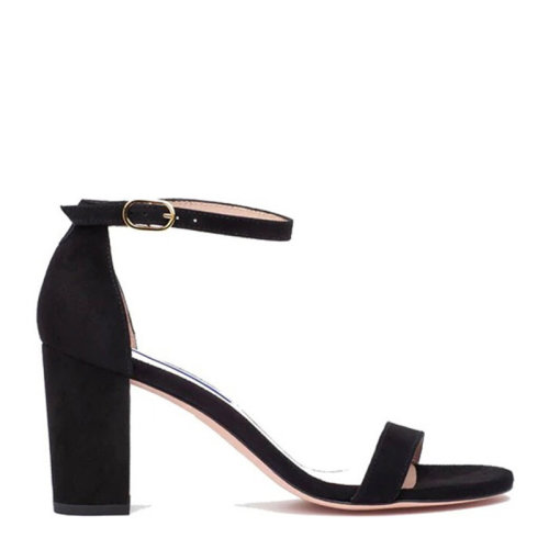 Stuart Weitzman/斯圖爾特韋茨曼 SW 女士黑色絨面革可調(diào)節(jié)式一字帶隱藏式松緊帶時(shí)尚露趾方塊鞋單鞋粗跟鞋高跟鞋涼鞋女鞋 NEARLYNUDE-Suede