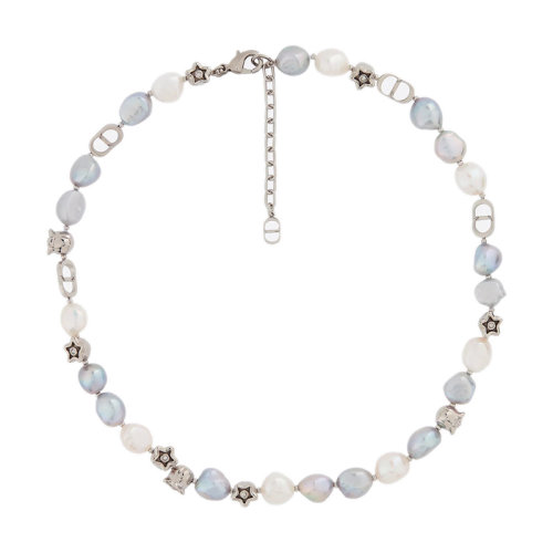 DIOR/迪奧 22新款 男士銀色鍍銀黃銅配灰色/白色淡水珍珠鈴蘭形狀珠子項鏈N1902HOMGM_D009