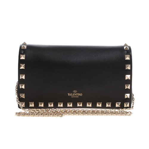 Valentino/華倫天奴  女包女士黑色皮革時(shí)尚百搭鉚釘裝飾鏈條包單肩包   QW2P0372BOL 0NO