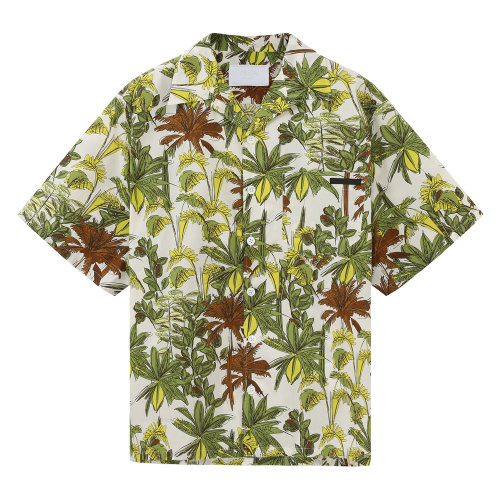 PRADA/普拉達 白色/綠色 男士通體棕櫚樹印花府綢短袖襯衫 UCS339_1VYX_F0161_S_201