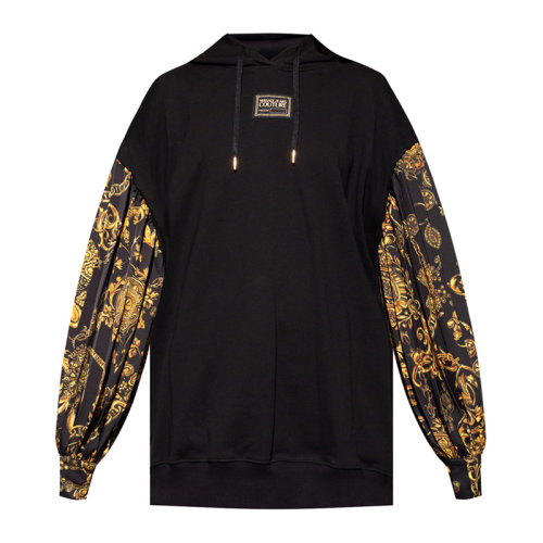 VERSACE JEANS/范思哲牛仔 女士黑色棉質(zhì)經(jīng)典字母徽標印花裝飾長袖上衣連帽衛(wèi)衣運動衫套頭衫 71HAI315-NS006-G89