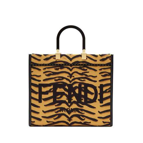 FENDI/芬迪 22春夏新款春節(jié)限定SUNSHINE系列 女士中號(hào)黑色/深黃色相間帆布老虎紋印花單肩斜跨手提包8BH386AJ7PF1GEU