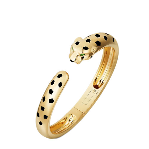 CARTIER/卡地亞 經(jīng)典PANTHèRE系列 18K金黃金鑲嵌縞瑪瑙沙弗萊石榴石黑漆點(diǎn)綴獵豹手鐲N6715217