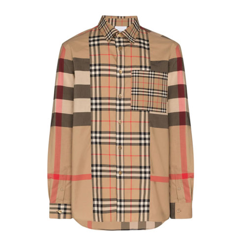 BURBERRY/博柏利男裝 服裝 棕色經(jīng)典格紋棉質(zhì)時尚拼接休閑 男士長袖襯衫 8023787