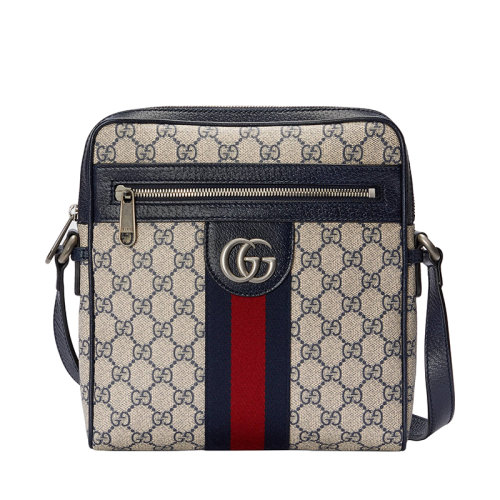 Gucci/古馳 22春夏新款Ophidia系列 男士小號米色/藍色提花帆布紅藍織帶銀色徽標老花單肩斜挎郵差包 54792696IWN4076