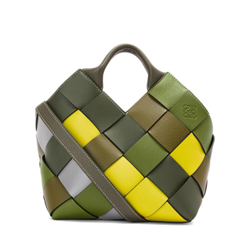 LOEWE/羅意威 22新款Surplus系列 女士小號綠色拼色棋盤格牛皮革編織手提單肩籃子包A521T32X26-4076