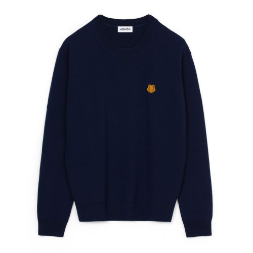 Kenzo/高田賢三 男士純色羊毛經(jīng)典虎頭刺繡貼飾羅紋飾邊長(zhǎng)袖上衣衛(wèi)衣毛衣針織衫圓領(lǐng)衫套頭衫 FB65PU6423TA 多色可選