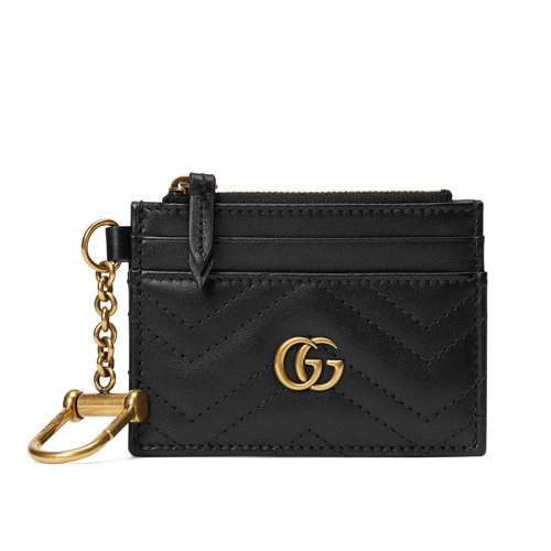 GUCCI/古馳 2020春夏新款 GG Marmont系列 女士黑色絎縫滑面小牛皮拼接GG經(jīng)典標志卡包鑰匙包 627064DTDHT1000