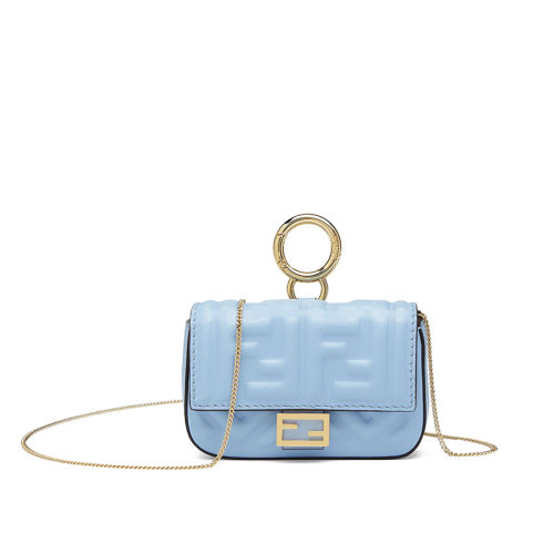 FENDI/芬迪  Baguette系列 女士淺藍(lán)色迷你小羊皮帶翻蓋和FF封扣化妝包珠寶袋7AR844AAJDF1CCB