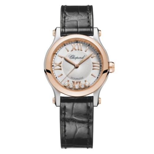  Chopard/蕭邦  Happy Sport系列 自動(dòng)機(jī)械表精鋼玫瑰金表殼黑鱷魚皮表帶鑲鉆表盤女表30毫米278573-6013