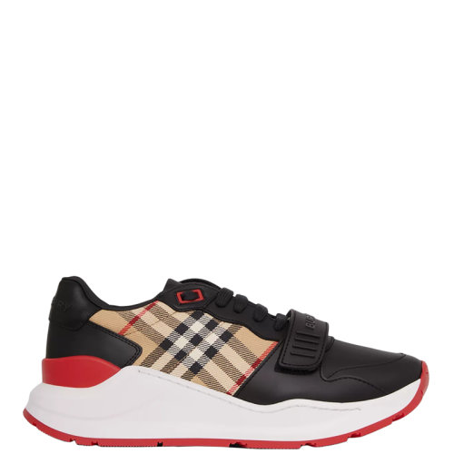 BURBERRY/博柏利 22年早春新款 女士黑色/典藏米色棉質(zhì)拼小牛皮Vintage格紋紅底運動鞋80381841
