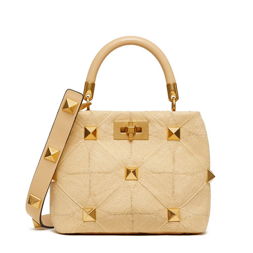 Valentino/華倫天奴 21新款 ROMAN STUD系列 女士小號自然色拉菲草柳丁金屬扣單肩斜挎手提包WW2B0I97WEMO39