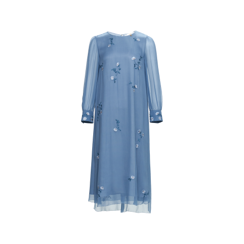 HUI/卉 女士連衣裙20春夏淺藍(lán)色刺繡真絲飄帶收腰假兩件連衣裙