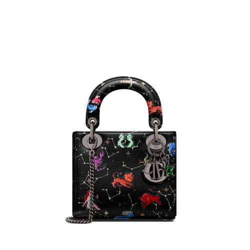 DIOR/迪奧 經(jīng)典款LADY DIOR系列 女士黑色小牛皮飾Dior Pixel Zodiac圖案印花金屬扣單肩斜挎手提包M0505BNER_M911