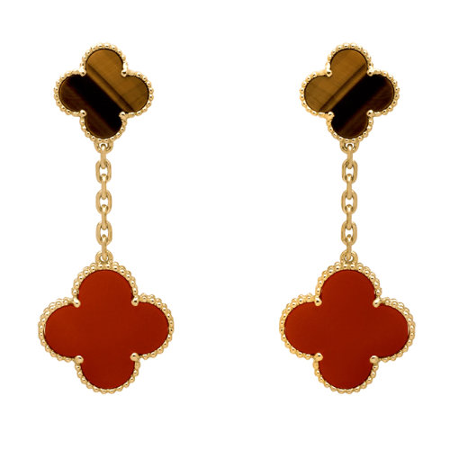 Van Cleef & Arpels/梵克雅寶 經(jīng)典款MagicAlhambra?系列  18K金黃金鑲嵌虎眼石和紅玉髓耳墜四葉草耳環(huán) VCARN5JR00