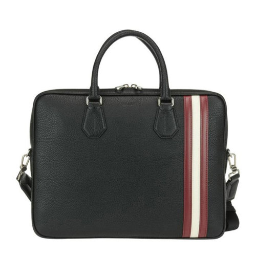 BALLY/巴利 男士黑色粒面牛皮經(jīng)典紅白條紋裝飾拉鏈開合單肩包斜挎包手提包公文包男包 6218266