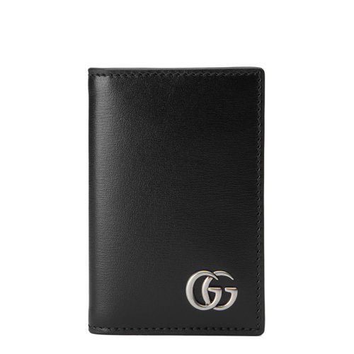 GUCCI/古馳 GG Marmont系列 男士黑色光滑皮革銀色雙G裝飾雙折卡包卡片夾5470750YK0N1000
