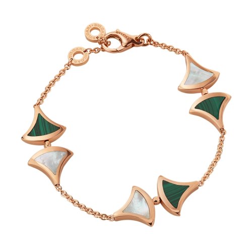 BVLGARI/寶格麗 DIVAS'DREAM經(jīng)典款白貝母孔雀石18K金玫瑰金 小扇子 手鏈 352605