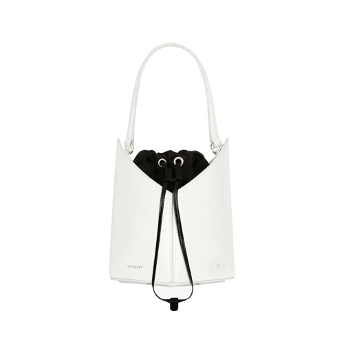 Givenchy/紀(jì)梵希 22新款 女士迷你白色小牛皮黑色緞面內(nèi)袋皮革抽繩字母標(biāo)志皮革手柄調(diào)節(jié)皮革肩帶銀色飾面單肩斜挎手提包BB50NRB1GV-105