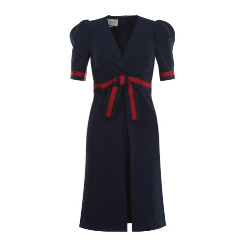 GUCCI/古馳  深藍(lán)色 V領(lǐng) 腰部條紋蝴蝶結(jié) 短袖 女士連衣裙 501488 X7B04 4969