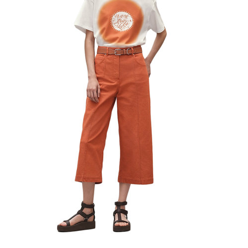 HERMES/愛馬仕 22年早春新款 女士橙色彈力牛仔布短款棉質(zhì)喇叭褲H2E0453DQ2N36