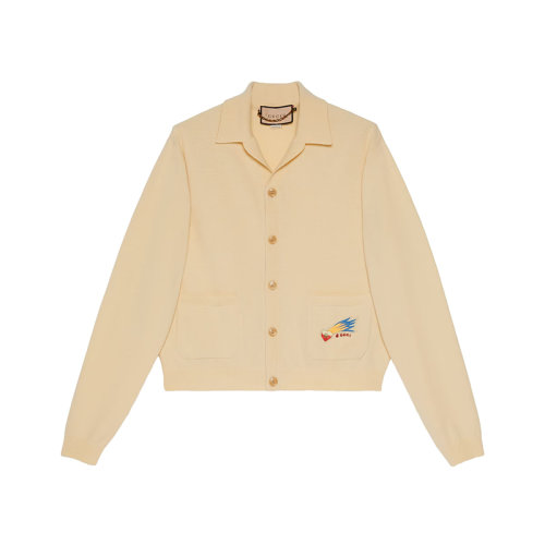 GUCCI/古馳 22年秋冬新款 Lovelight系列 男士淺黃色純羊毛流星G愛心貼飾針織開衫毛衣?706917XKCKR7536