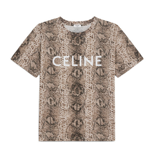 CELINE/賽琳 22年早春新款 男士棕色/白色純棉蛇紋印花正面LOGO短袖寬松T恤2X681307H.19BW