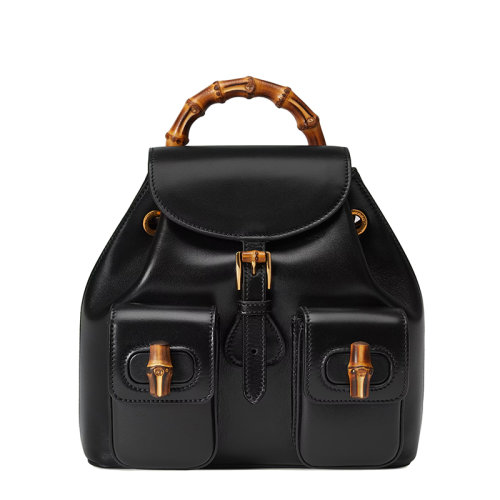 GUCCI/古馳 22新款 女士黑色皮革內(nèi)置抽繩計(jì)翻蓋搭扣竹節(jié)手柄雙肩包背包702101UZY0T1000