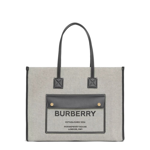 BURBERRY/博柏利  Freya系列 女士中號黑色棉質(zhì)帆布小牛皮飾邊單肩手提托特包80441281