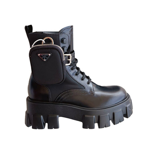 Prada 普拉達(dá)  女士黑色亮面皮拼尼龍厚底口袋靴