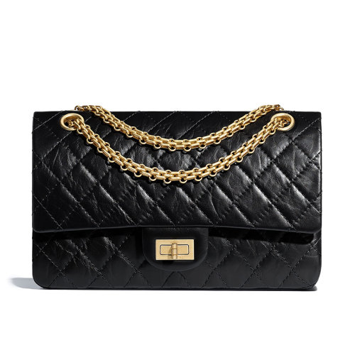 CHANEL/香奈兒 經(jīng)典2.55系列 黑金 黑色鞣面小牛皮金扣小號24鏈條單肩包