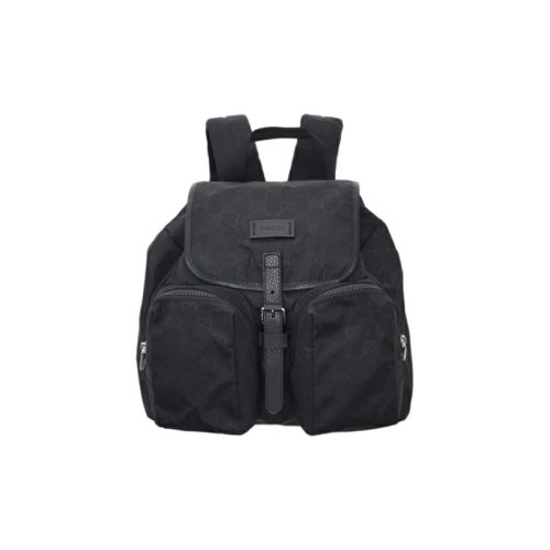 GUCCI|古馳 老花logo 皮革徽標(biāo)尼龍拼皮 翻蓋書(shū)包雙肩包 中號(hào) 男女同款 黑色