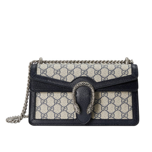 Gucci/古馳 22春夏新款Dionysus系列 女士小號(hào)淺米色/藍(lán)色提花帆布虎頭扣銀色鏈?zhǔn)嚼匣▎渭绨粕癜?499623K9GSN4075