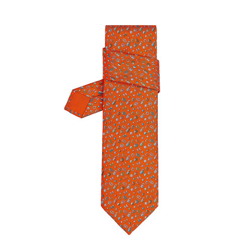 HERMES/愛(ài)馬仕 男士橙/綠/藍(lán)硬件圖案真絲斜紋領(lǐng)帶H606215T27