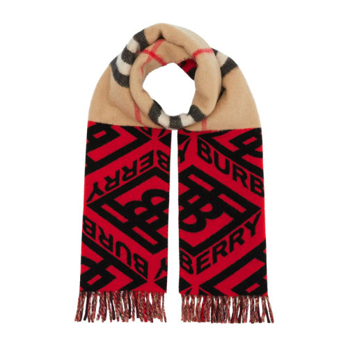 BURBERRY/博柏利Burberry男士紅色米色羊絨字母印花圖案時(shí)尚圍巾圍脖8022494