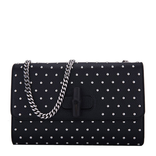 GUCCI/古馳 女士黑色皮革金屬飾釘流蘇裝飾單肩包斜挎包鏈條包女包 387611-A88EN-1000