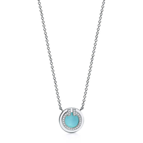 Tiffany & Co./蒂芙尼 經(jīng)典Tiffany T系列 18K金白金鑲嵌綠松石鉆石圓形吊墜項鏈67467787