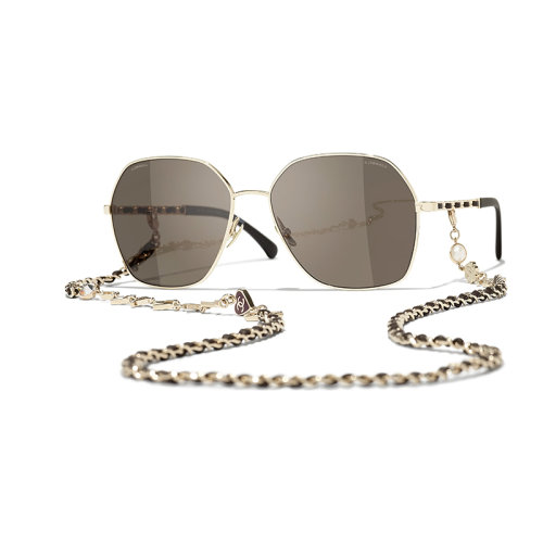 Chanel/香奈兒 22年春夏新款 女士棕色鏡片金色/棕色金屬與小牛皮鏡框飾鏈條方框太陽眼鏡墨鏡A71447X27388L3953