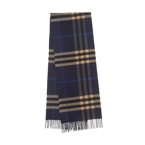BURBERRY/博柏利新款 男女同款靛藍/中調駝色經典格紋羊絨流蘇圍巾80223461