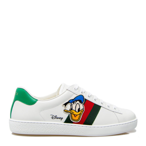 GUCCI/古馳 Disney x Gucci Ace系列女士白色皮革迪士尼唐老鴨貼花紅綠織帶裝飾休閑鞋運動鞋小白鞋平底鞋板鞋女鞋 649401-1XG60-9114