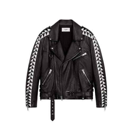 CELINE/賽琳 22年春夏新款 男士黑色/白色牛皮革三角形飾帶超大機(jī)車夾克外套2EA91599E.09BW