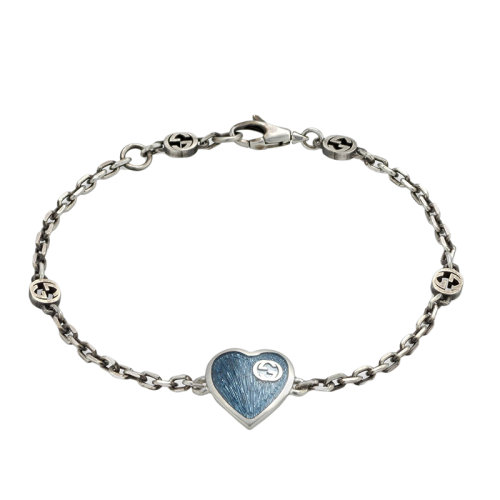 GUCCI/古馳  925銀淺藍(lán)色琺瑯銀色雙G心型掛墜手鏈645546J89B48490