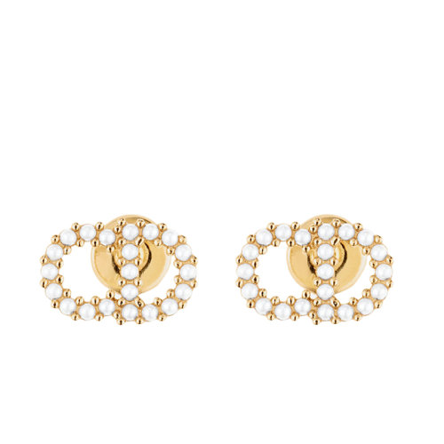 DIOR/迪奧 CLAIR D LUNE系列 金色飾面金屬CD圖案鑲嵌白色樹脂珍珠耳釘E1715CDLRS_D301