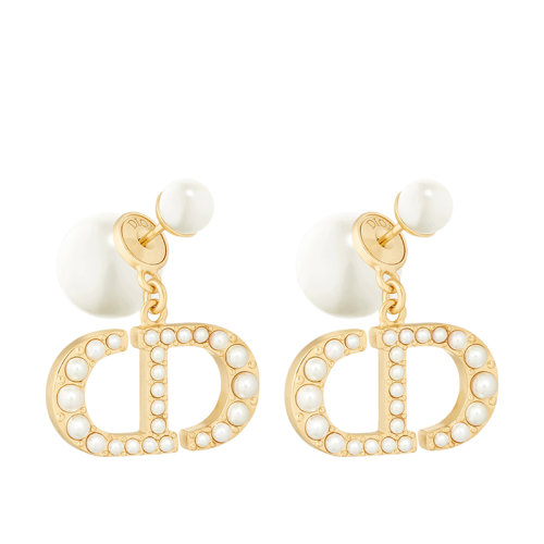 DIOR/迪奧 TRIBALES系列 女士金色飾面金屬CD鑲嵌白色樹脂珍珠耳環(huán)E1654TRIRS_D301