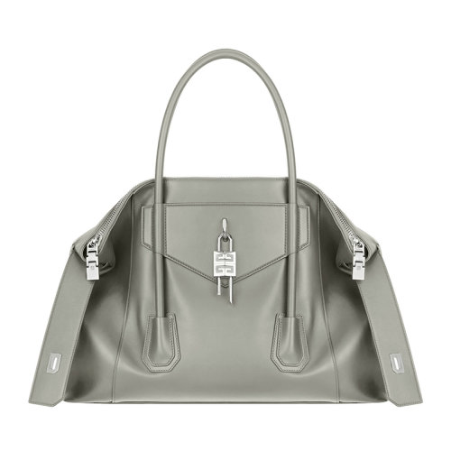 Givenchy/紀(jì)梵希  ANTIGONA LOCK SOFT系列 女士中號灰色柔軟小牛皮拉鏈封口可拆卸4G掛鎖單肩斜挎包 BB50HAB11E-030