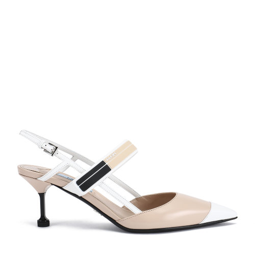 PRADA/普拉達(dá) 裸粉色/白色 女士拼色亮面皮魔術(shù)貼腳背帶飾高跟鞋 1I296I_AZ3_F062Z_F_065