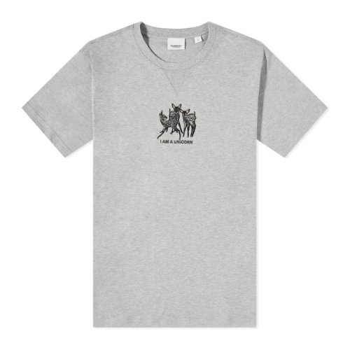 Burberry/博柏利 男士淺麻灰色棉質(zhì)小鹿刺繡圖案裝飾寬松版型圓領(lǐng)短袖上衣T恤 8044133