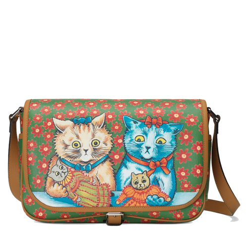 GUCCI/古馳  兒童款綠色帆布貓咪印花棕色皮革飾邊單肩斜跨郵差背包?664143UR4AN3762